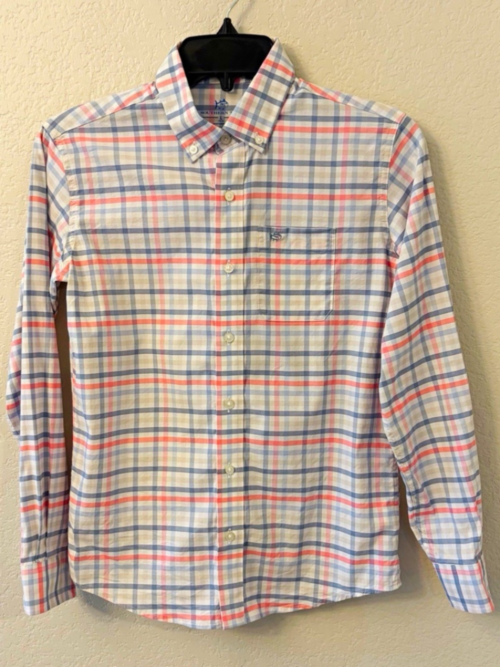 Southern Tide Youth Boys Size Large (12-14) Button Down Shirt Pink Blue Plaid